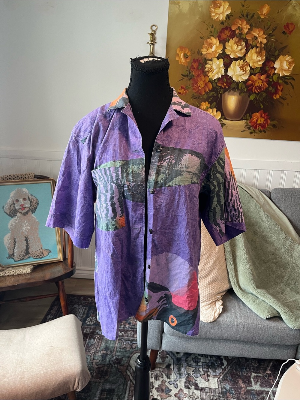 Men’s Vintage Marimekko Purple Abstract Short Sleeve Button-Up Shirt Size S